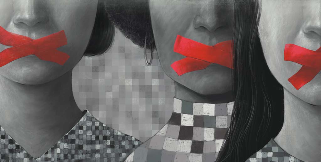 Image montrant une illustration de 3 visages féminins la bouche recouverte de scotch afin de les empêcher de parler.